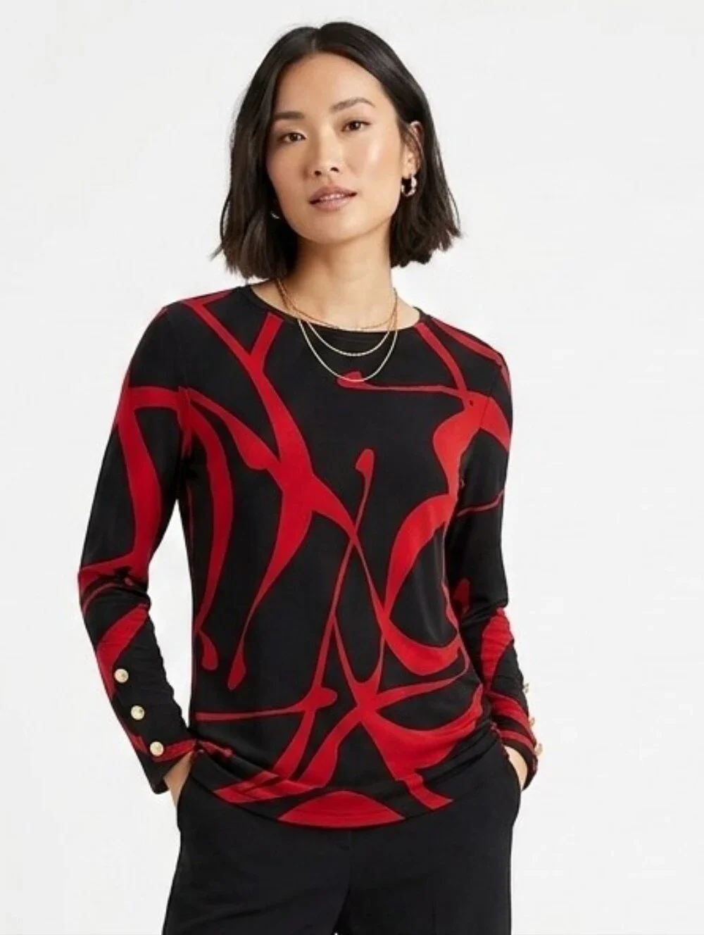 Chico's Black Top with Bold Red Abstract Print XL - Picture 1 of 11